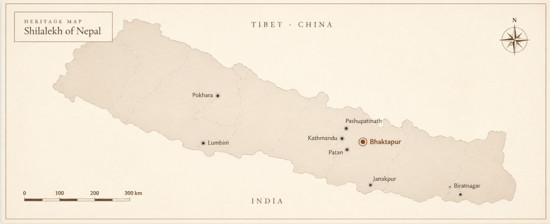 Heritage map of Nepal showing Shilalekh sites including Kathmandu, Bhaktapur, Patan, Lumbini, Pokhara, Janakpur and Biratnagar