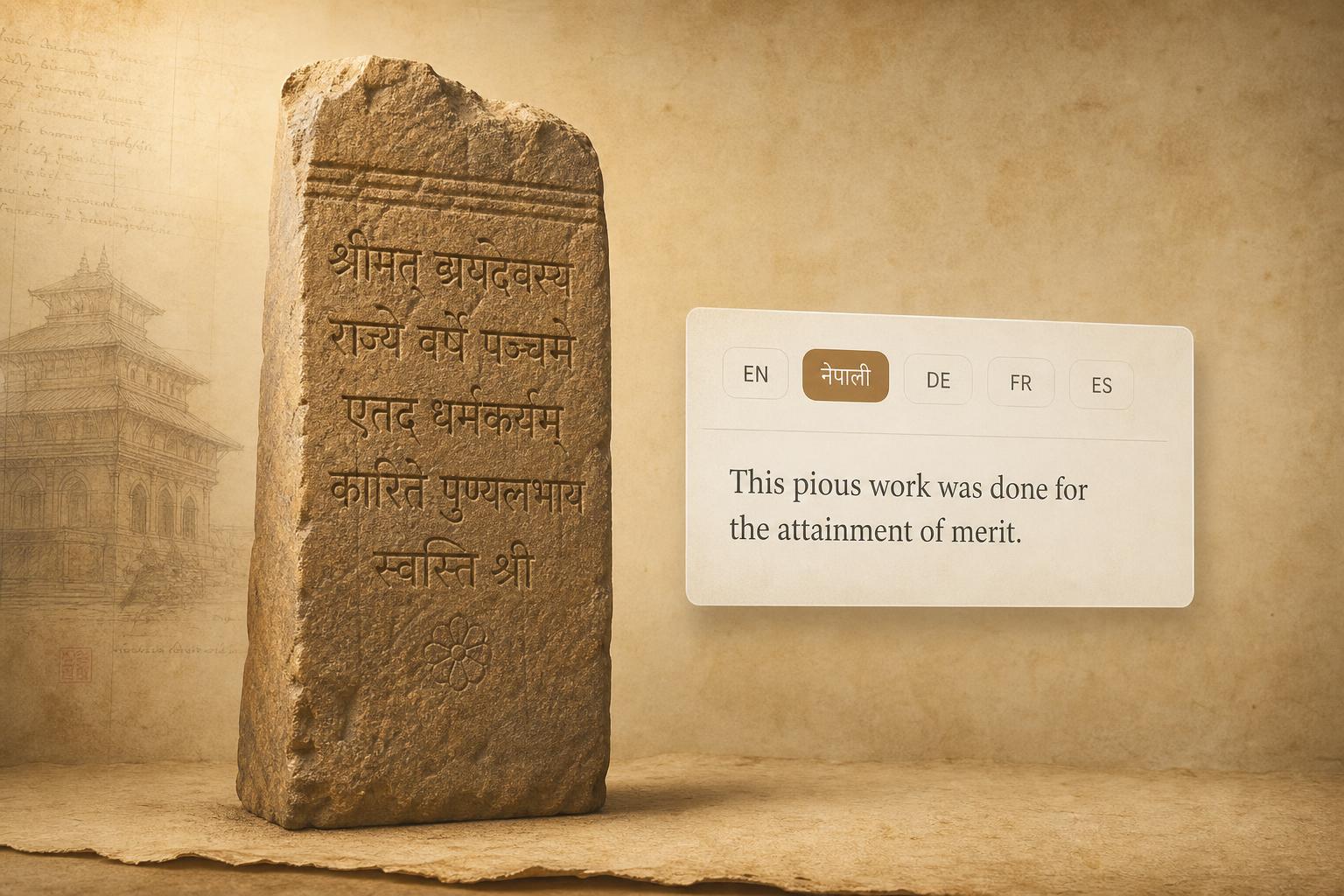A tall sandstone stele carved with Devanagari script beside a translation card with five language pills.