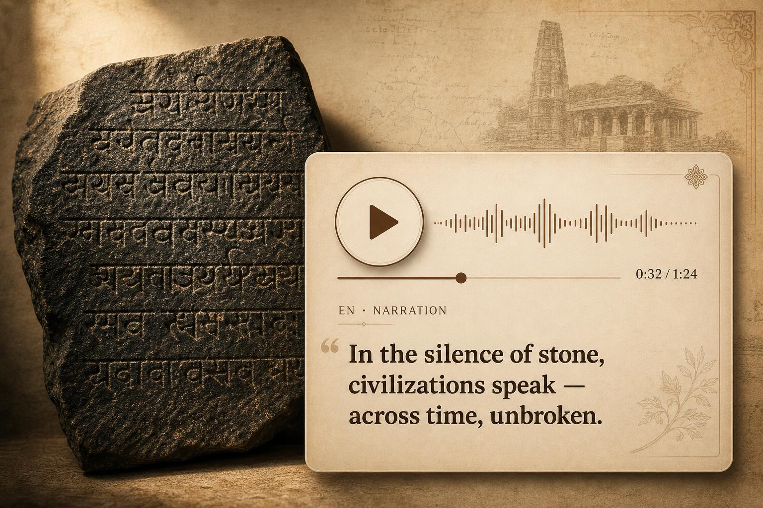A dark basalt fragment carved with ancient script beside an audio narration card with play button and waveform.